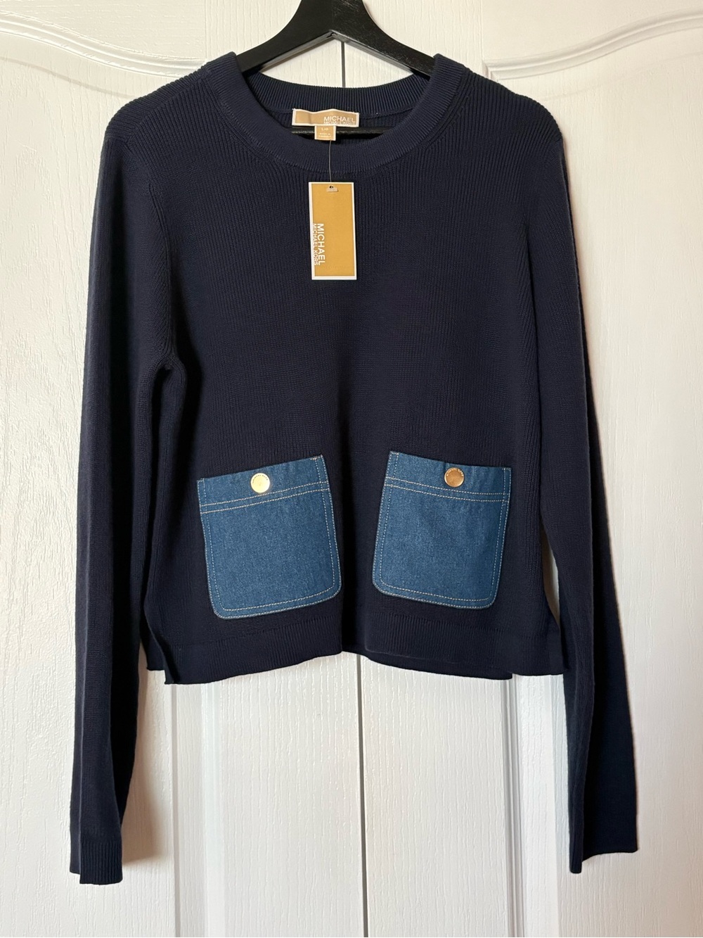 Michael Kors Navy Crewneck Sweater with Denim Pocket Accents